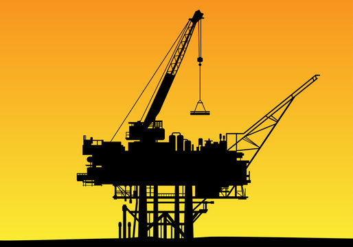 Offshore oil drilling installations with high crane machines are working