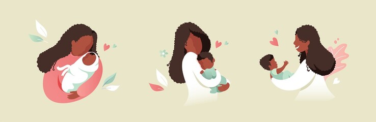 Vector Illustration Of African Black Mother Holding Baby Son Or Daughter In Her Arms. Cartoon Flat Illustration.