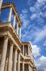 Scaenae frons in the Antique Roman Theatre in Merida. Panorama image. The Archaeological Ensemble...