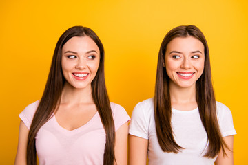 Close up photo two people beautiful funky funny she her ladies look side silly childish mod know...
