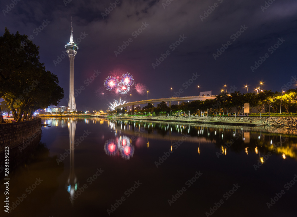 Wall mural Macau, China, 1st September 2018. 29th Macao International Fireworks Display Contest, theme Magical Colours in Harmony, Korea Team.