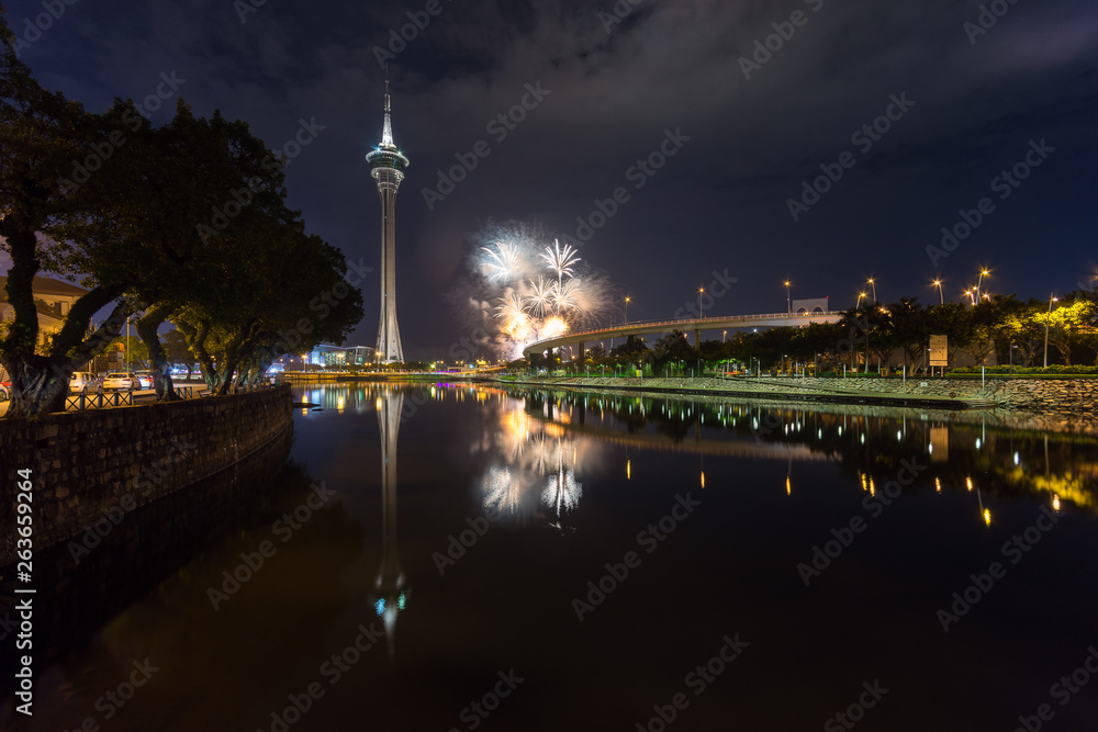 Wall mural Macau, China, 1st September 2018. 29th Macao International Fireworks Display Contest, theme Magical Colours in Harmony, Korea Team.