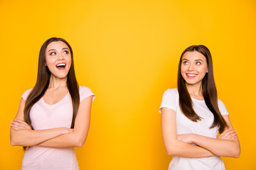 Portrait creative clever intelligent students youth best think future decide choose solve travel trip impressed surprised beautiful trendy wear long hair cotton t-shirts isolated yellow background