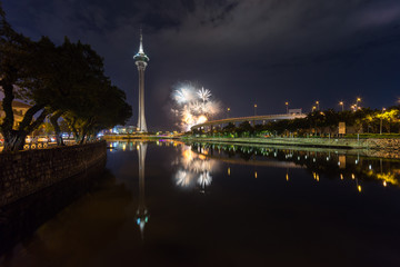 Fototapeta premium Macau, China, 1st September 2018. 29th Macao International Fireworks Display Contest, theme Magical Colours in Harmony, Korea Team.