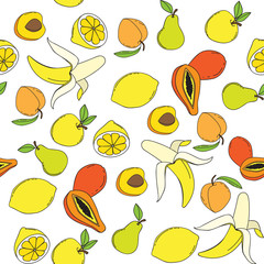 Background with juicy fruits. Fruit seamless pattern. Vector illustration