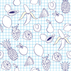 Healthy fruit hand drawn seamless vector texture. Sketch of background with different fruits. Vector seamless pattern