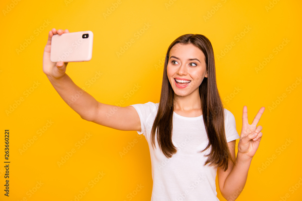 Sticker Portrait of her she nice cute charming lovely sweet attractive cheerful cheery optimistic straight-haired girl taking making selfie showing v-sign isolated over bright vivid shine background