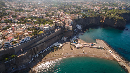 Aerial View of the Sorrento coast. Meta beach, travel concept, space for text, bay with boats, Italia mountains, travel concept