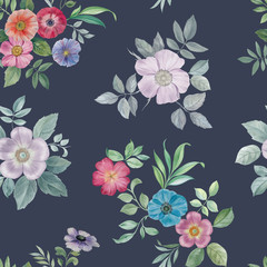 Seamless watercolor flowers pattern. Hand painted flowers of different colors. Flowers for design. Ornament flowers and leaves.
