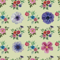 Seamless watercolor flowers pattern. Hand painted flowers of different colors. Flowers for design. Ornament flowers and leaves.