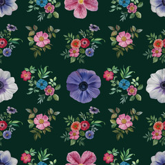 Seamless watercolor flowers pattern. Hand painted flowers of different colors. Flowers for design. Ornament flowers and leaves.