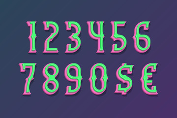 Fairy two-layer numbers with currency signs in 3d vintage style.