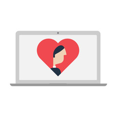 heart icon and a man in laptop screen.