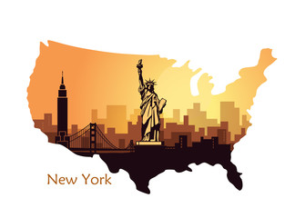 Abstract city skyline with sights of New York at sunset in the form of map the USA