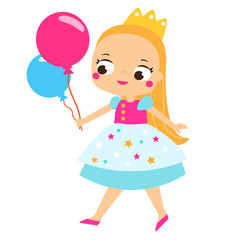 Party kid. Princess Girl with baloons. Cartoon happy child character