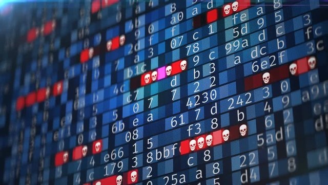 Hacking in progress, corrupt data on screen, information theft, encryption. Data encryption, malware spreading in network