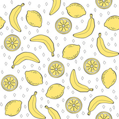 Pattern with bananas and lemons. Vector cute fruits seamless pattern.