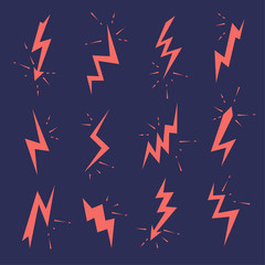 Set of Lightning bolts icons. Thunderbolts, voltage, electricity, flash and power signs.