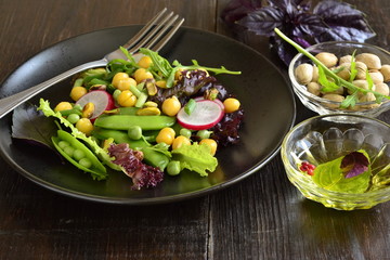 Healthy vegetarian bowl salad with chickpeas, green peas, radish and pistachios