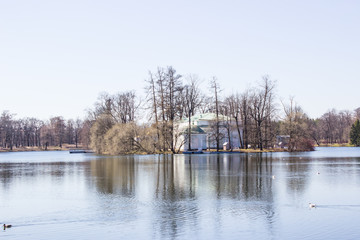 Tsarskoye Selo, Pushkin. Suburb of St. Petersburg, Russia. View of the park, lake and bridge