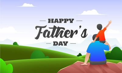 Obraz na płótnie Canvas Beautiful nature background with back view of son sitting on his father shoulders for Happy Father's Day celebration banner design.
