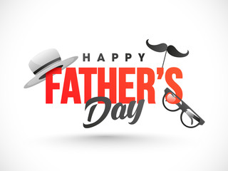 Happy Father's Day text decorated with hat, mustache mask and eyeglasses illustration on white background. Can be used as greeting card design.