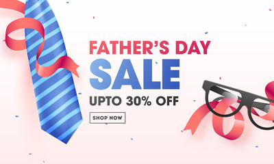 Father's Day Sale banner or poster design with 30% discount offer, necktie and eyeglasses illustration on pink background.