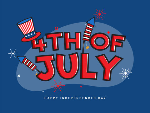 Flat style banner or poster design with illustration of uncle sam hat and fireworks rockets in USA flag color for 4th Of July, Independence Day celebration.