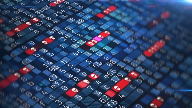 Broken, corrupt programming code, encrypted data, hacked system, hacking process. Data encryption, malware spreading in network