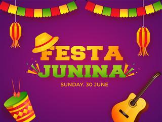 Purple banner or poster design with illustration of hat, musical instruments and lanterns for Festa Junina party celebration concept.