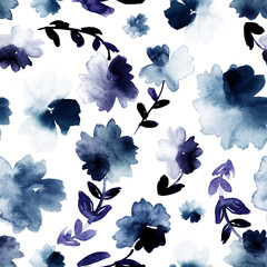 Loose florals in blue and indigo. Seamless watercolor pattern. 