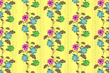 Fototapeta na wymiar Pink And Blue Floral Yellow Background Pattern