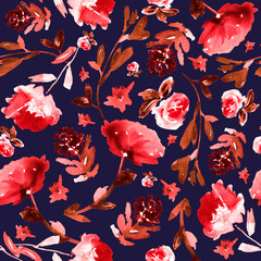 Floral pattern in red and dark blue. Seamless watercolor print.