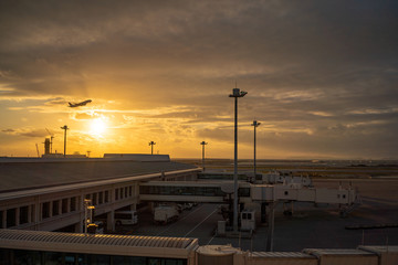 夕方に空港を飛び立つ飛行機