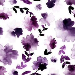 Loose watercolor florals in shades of purple. Seamless hand-painted print. © Anya D
