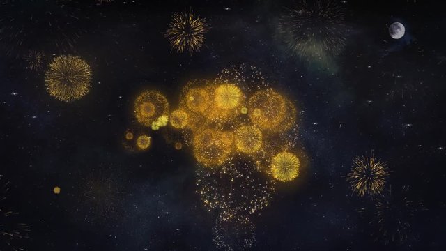 May Text Typography Reveal From Golden Firework Crackers Particles Night Sky 4k Background. Greeting card, Celebration, Party, Invitation, Gift, Event, Message, Holiday, Wish Festival 