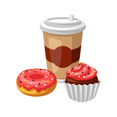 Illustration with fast food meal. Coffee, muffin and donut.