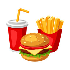 Illustration with fast food meal. Soda, fries and burger.