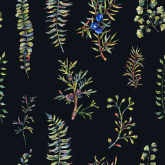 Watercolor vintage floral forest seamless pattern with fir branches, berries and fern