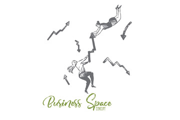 Business, arrow, woman, rivalry, success, contest concept. Hand drawn isolated vector.