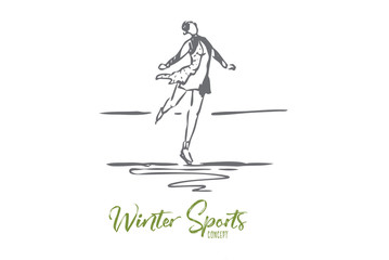 Skate, winter, woman, sport, ice concept. Hand drawn isolated vector.