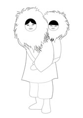Eskimo mother with son behind her back, wearing fur clothes, isolated on white background