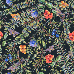Watercolor vintage floral forest seamless pattern with fir branches, berries, moth, fern flowers and branches