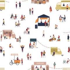 Seamless pattern with people walking among trucks or stalls, buying homemade meals, eating and drinking at outdoor cafe, street food festival. Flat cartoon vector illustration for textile print.