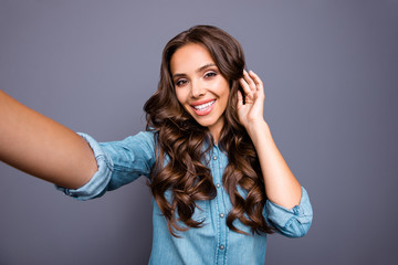 Fototapeta premium Close up photo amazing beautiful perfect white teeth toothy her she lady make take selfies hair styling advice new stylist wearing casual jeans denim shirt clothes outfit isolated grey background