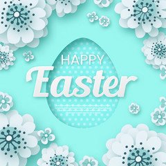 Happy Easter, Creative paper cut flower with egg frame on cyan background. Easter day vector illustration