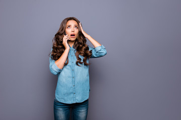 Close up photo amazing beautiful her she lady hold arms hands telephone head look up empty space...