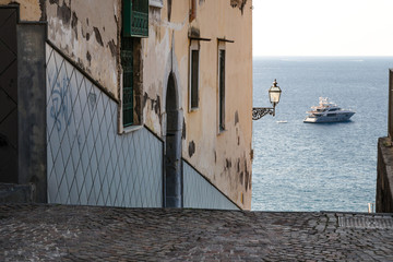 luxury boat, yaht floating on the water, blue sea and sky with copyspace, transportation relax and trip concept