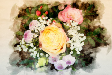 flower arrangement with yellow rose in watercolors