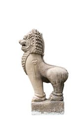 Fototapeta premium Statue of lion or singha style ancient asia on isolated background.